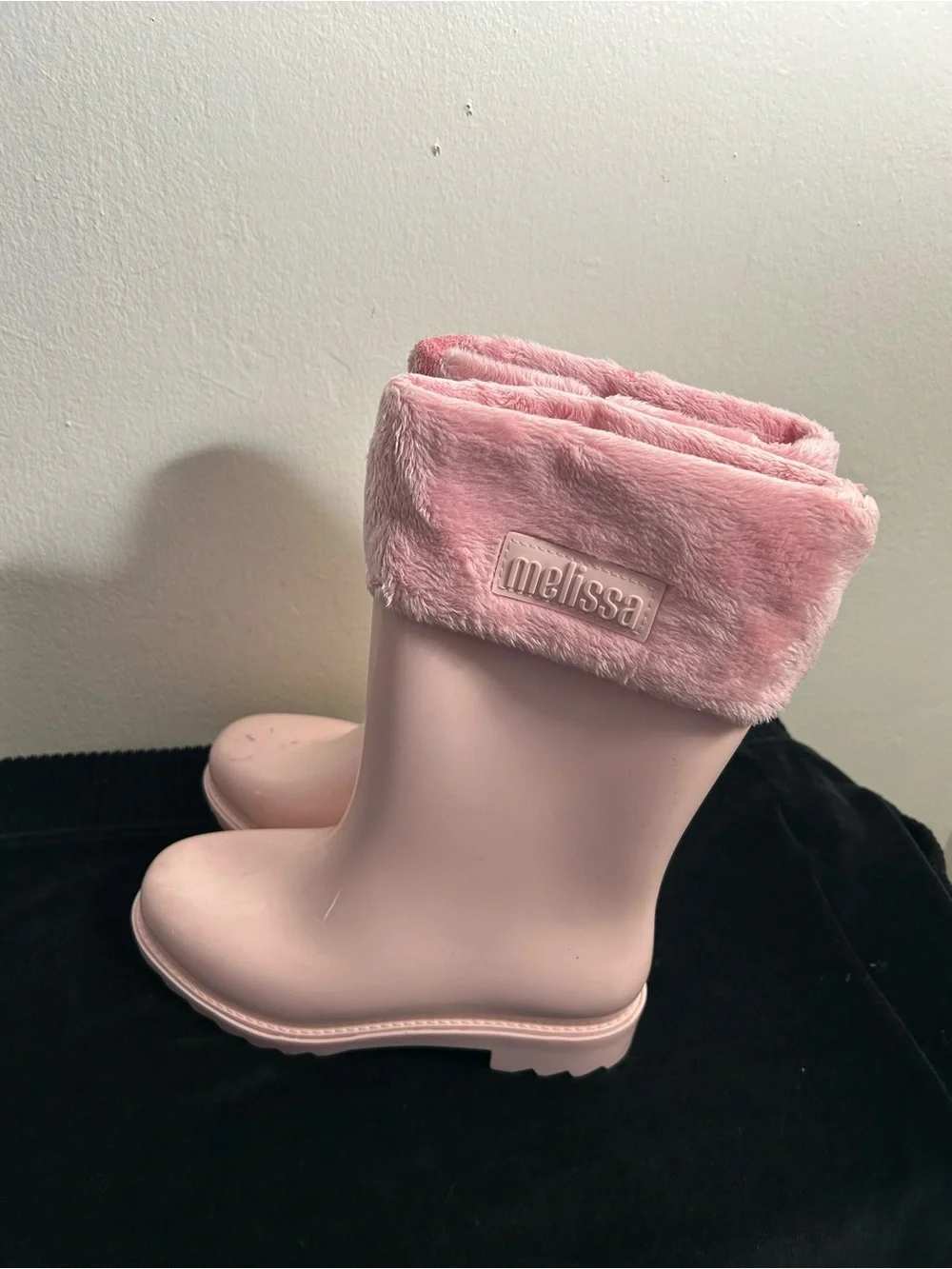 Melissa Pink Faux-Fur Cuff Waterproof Rain Boots Sz 1